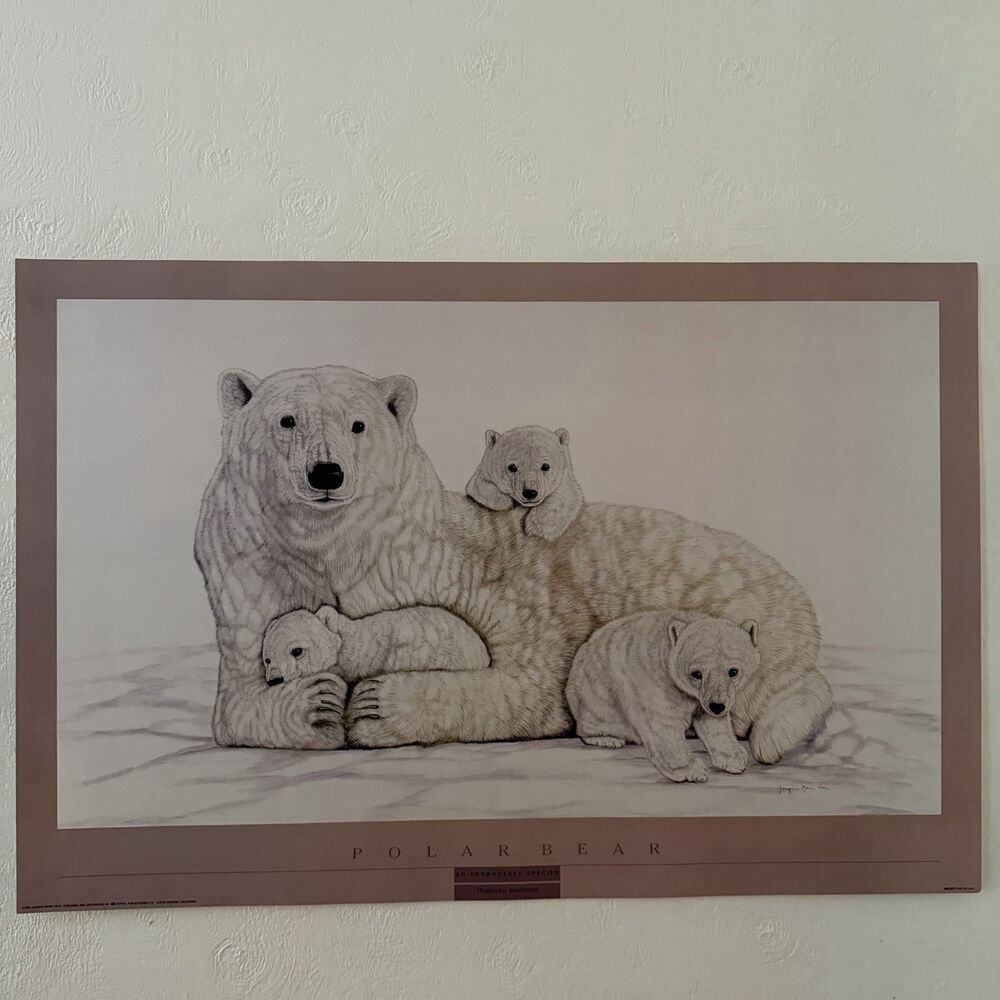 Vintage Jacquie Marie Vaux Polar Bears Poster Print Endangered Species 1990